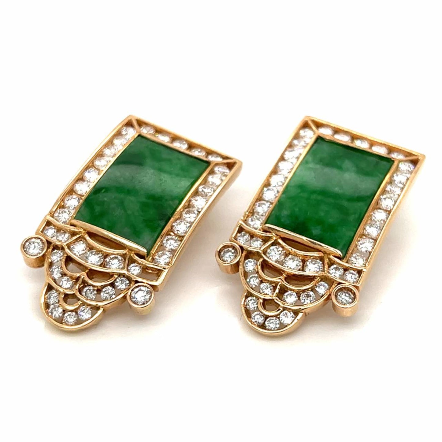 1980s 18KT Yellow Gold Jade & Diamond Earrings front