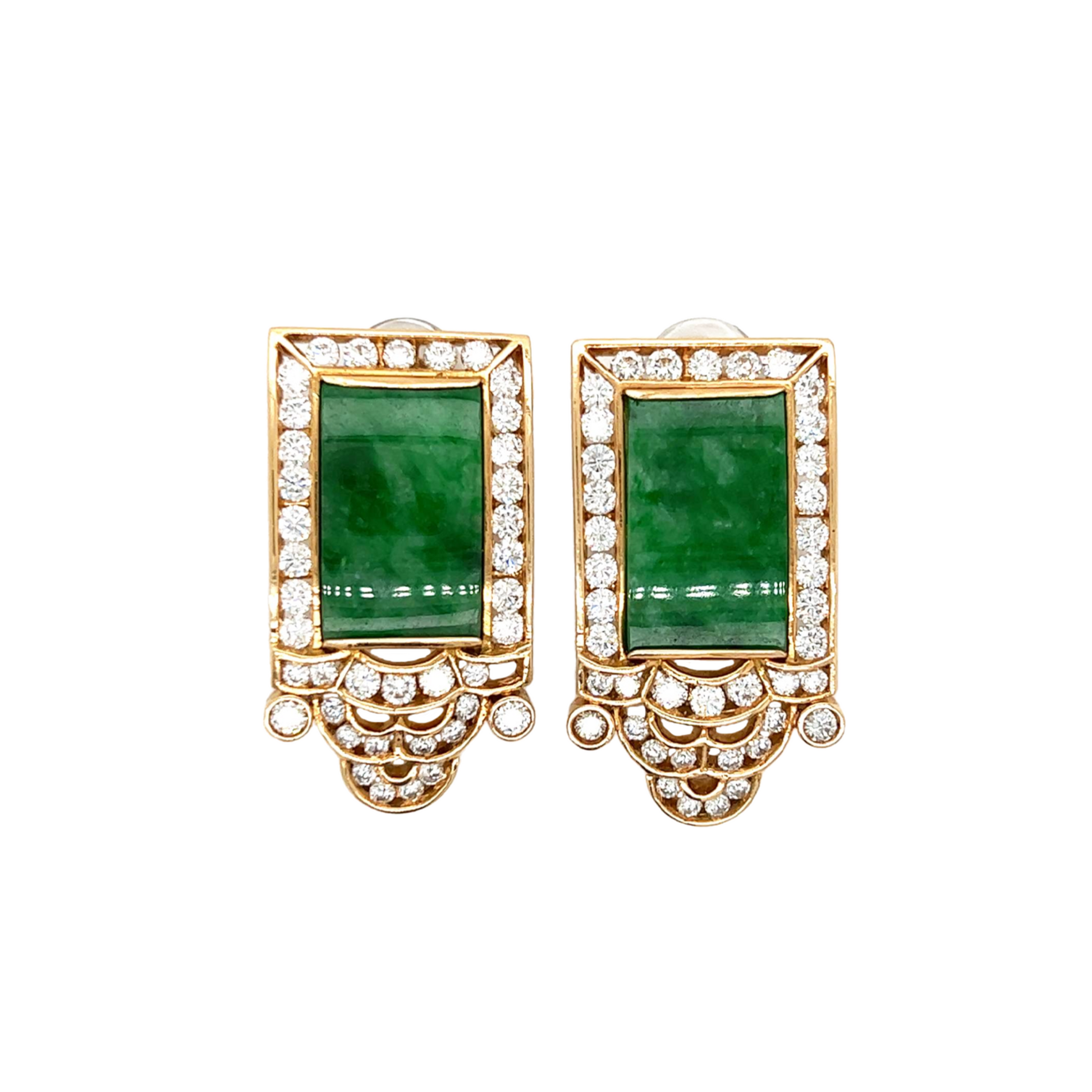 1980s 18KT Yellow Gold Jade & Diamond Earrings front