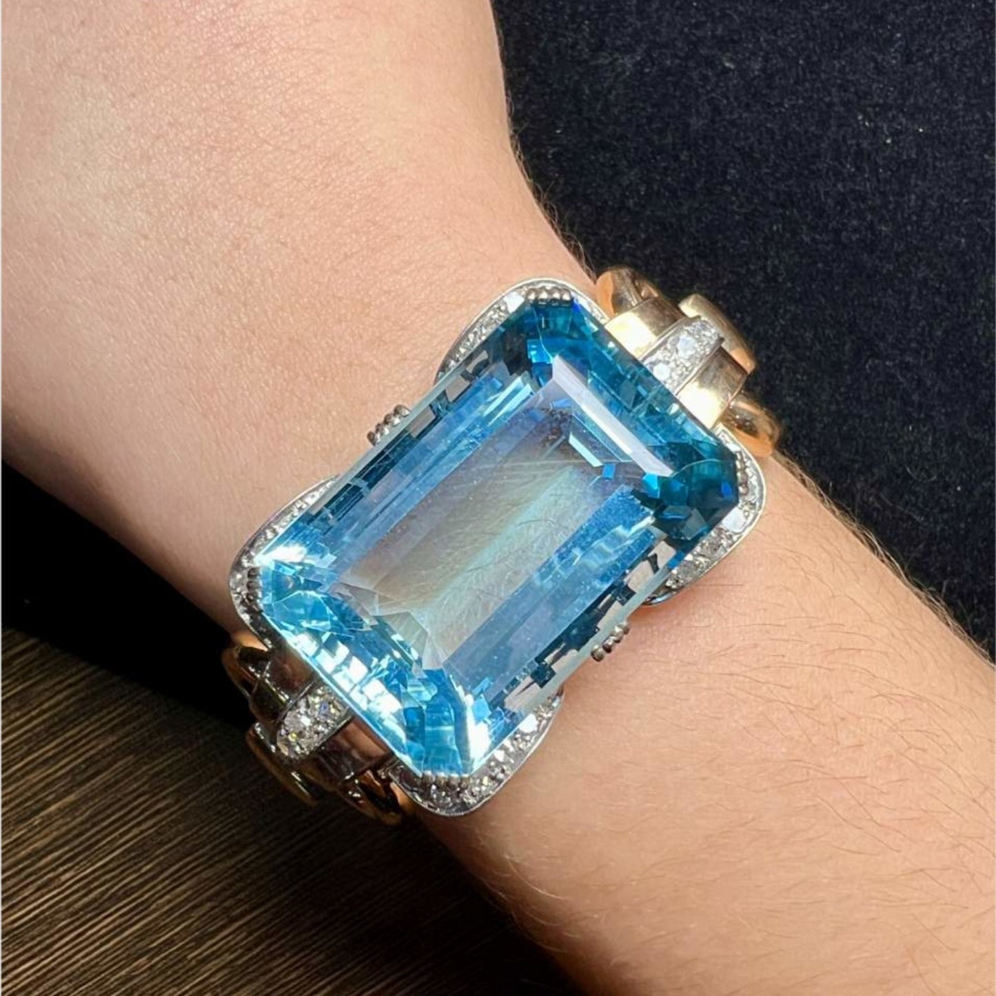 Retro Platinum & 18KT Yellow Gold Aquamarine & Diamond Bracelet on wrist