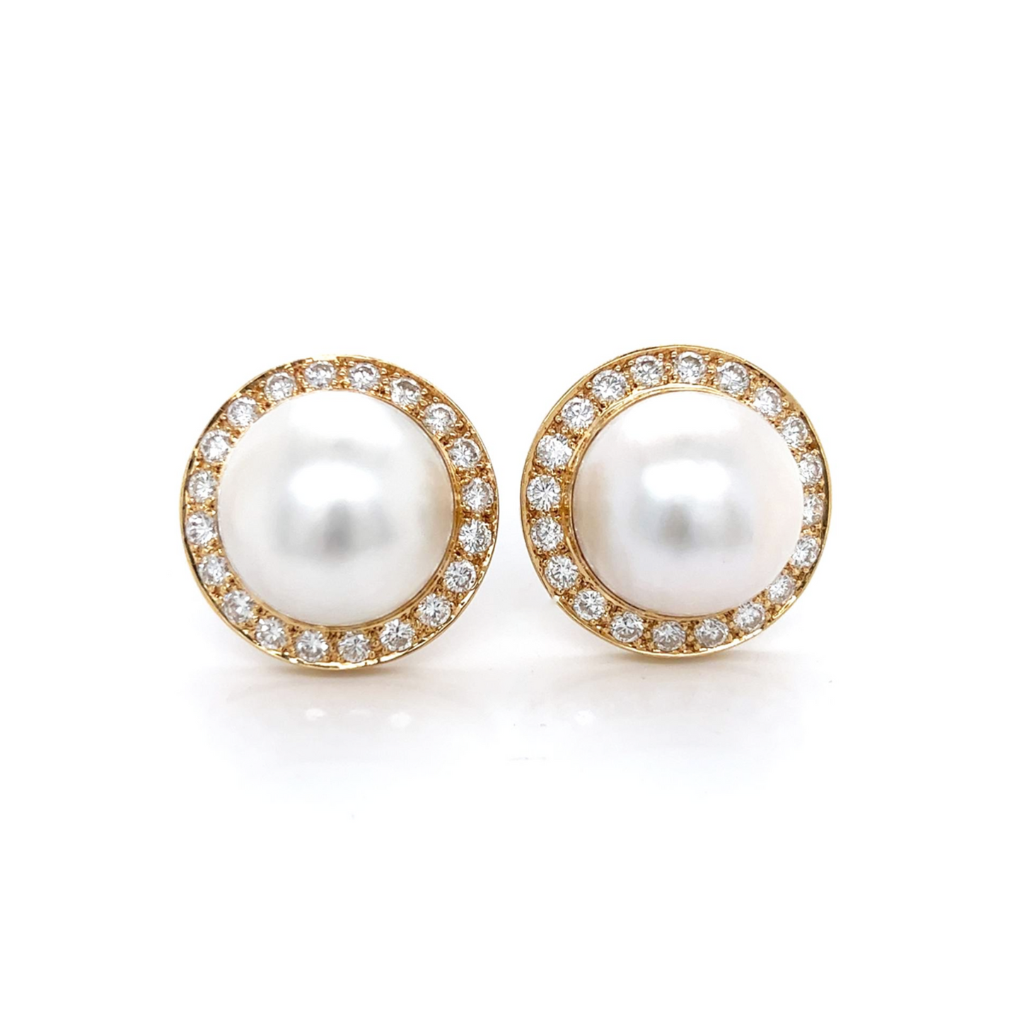 1980s 14KT Yellow Gold Cultured Pearl & Diamond Earrings front