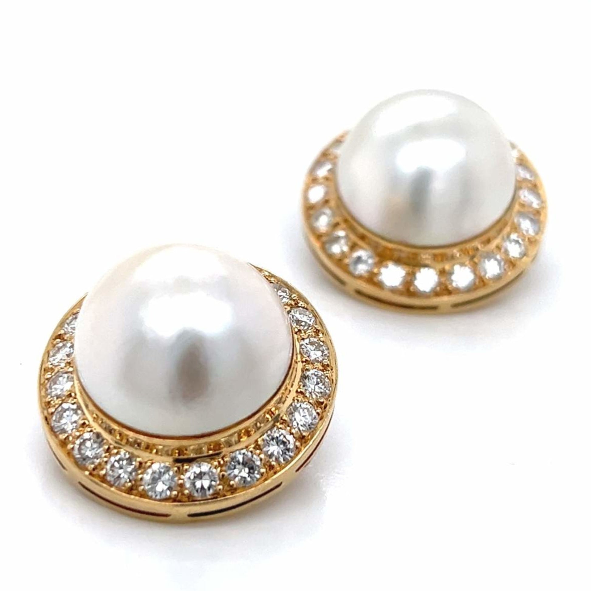 1980s 14KT Yellow Gold Cultured Pearl & Diamond Earrings side