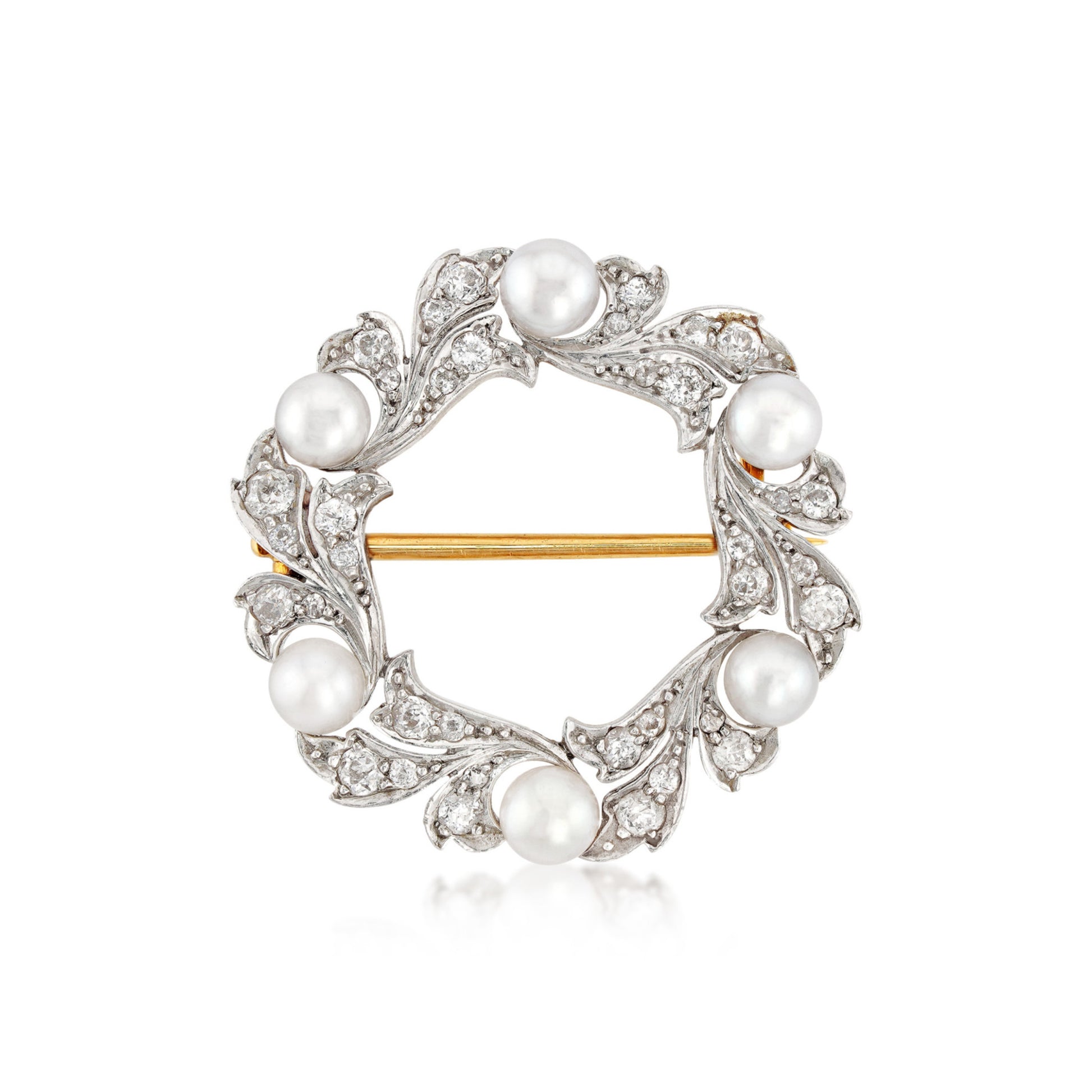 Edwardian Platinum & 18KT Yellow Gold Diamond & Natural Pearl Brooch front