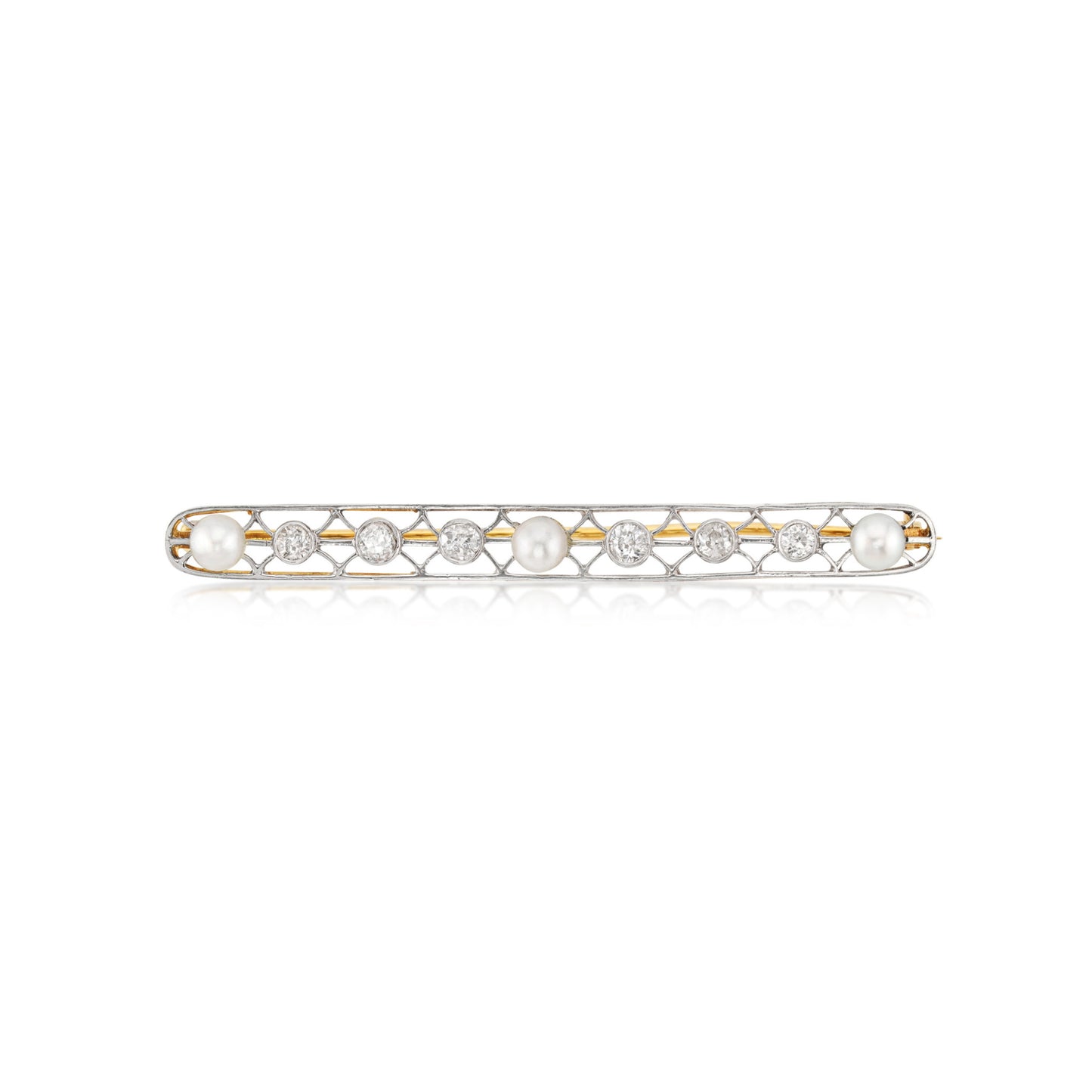 Edwardian Platinum & 14KT Yellow Gold Diamond & Natural Pearl Brooch front