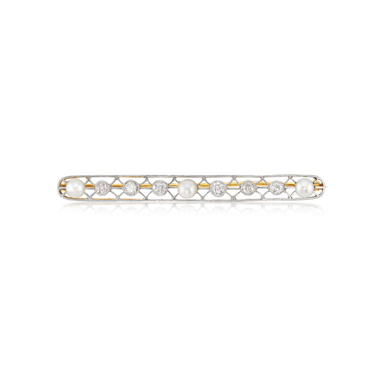 Edwardian Platinum & 14KT Yellow Gold Diamond & Natural Pearl Brooch front