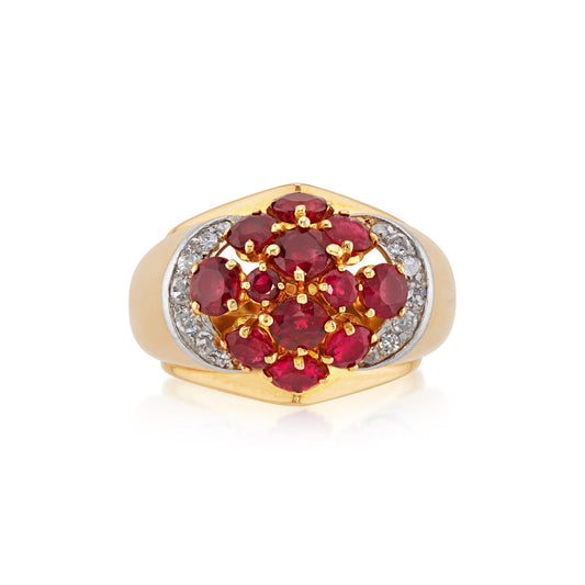 Retro 18KT Yellow Gold Ruby & Diamond Ring front