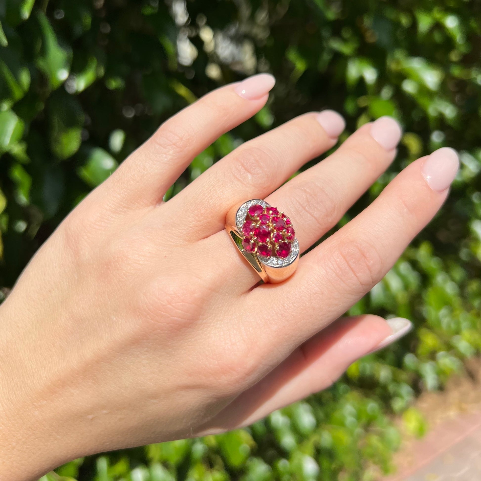 Retro 18KT Yellow Gold Ruby & Diamond Ring on finger