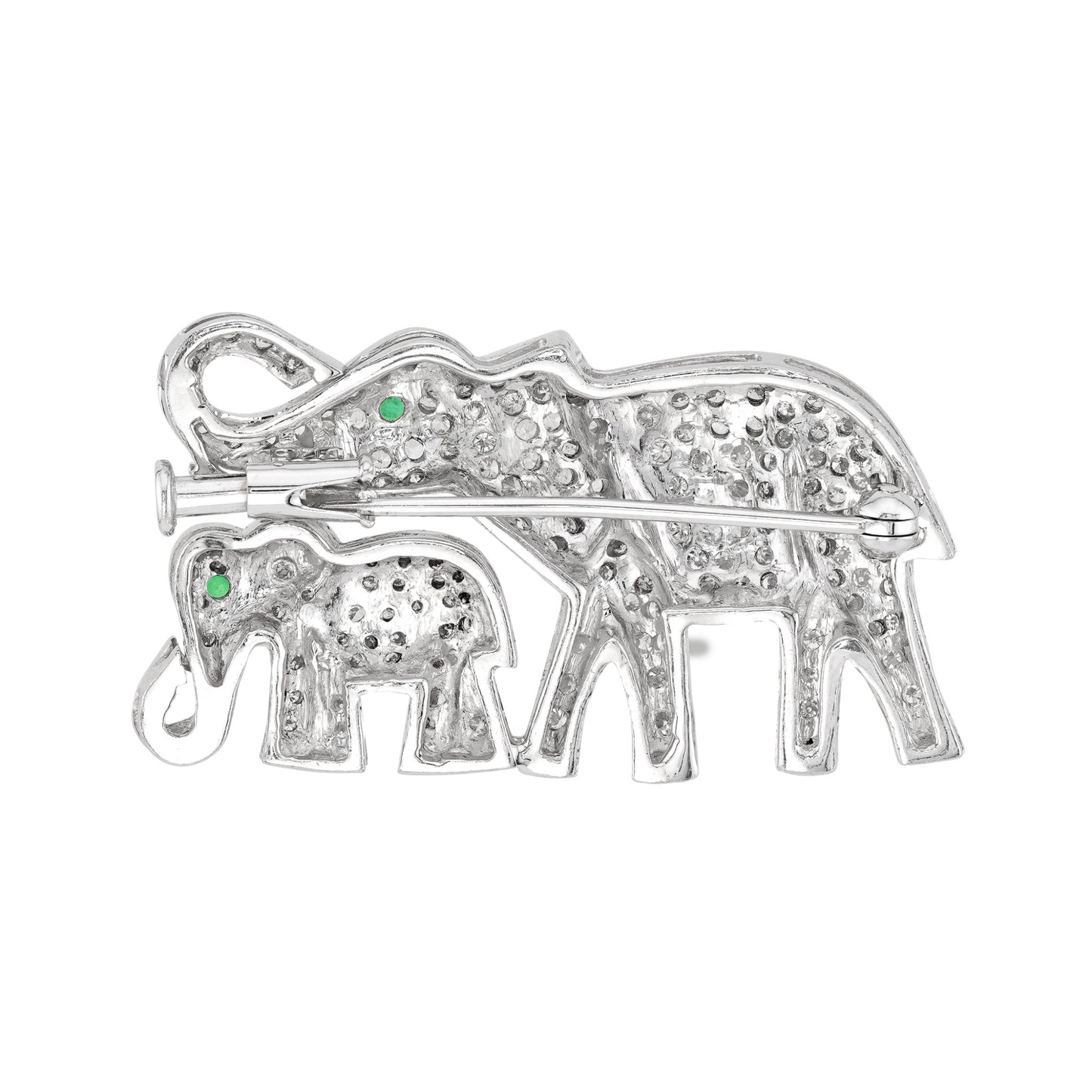 1980s Platinum Diamond & Emerald Elephant Brooch back