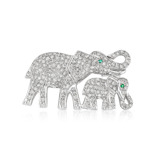 1980s Platinum Diamond & Emerald Elephant Brooch front