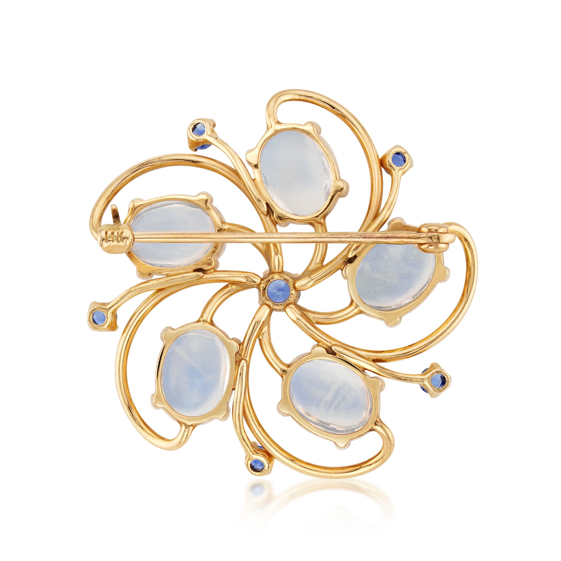 1970s 14KT Yellow Gold Sapphire & Moonstone Brooch back