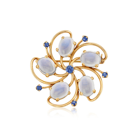 1970s 14KT Yellow Gold Sapphire & Moonstone Brooch front