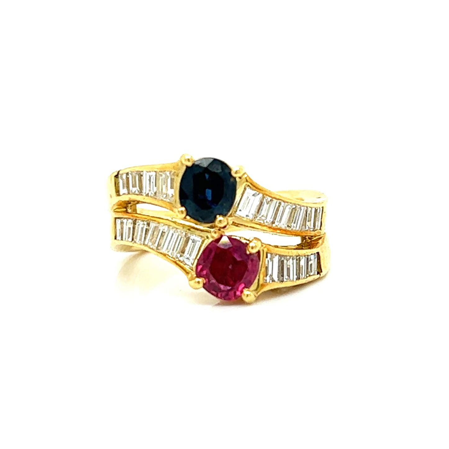 1980s 18KT Yellow Gold Diamond, Ruby & Sapphire Ring front