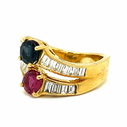 1980s 18KT Yellow Gold Diamond, Ruby & Sapphire Ring side