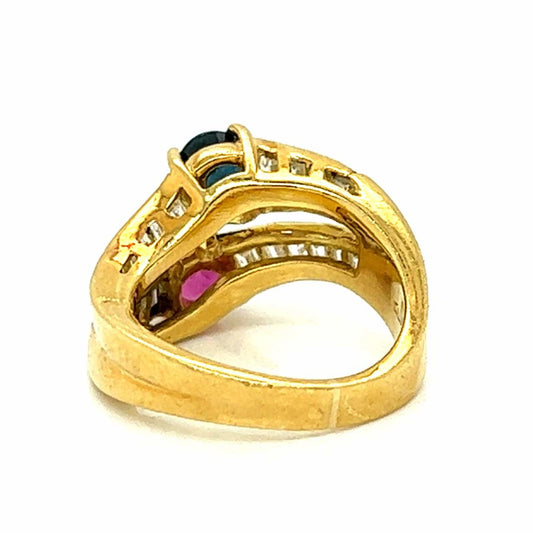 1980s 18KT Yellow Gold Diamond, Ruby & Sapphire Ring back