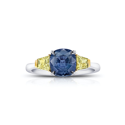 Contemporary Platinum & 18KT Yellow Gold Sapphire & Diamond Ring front