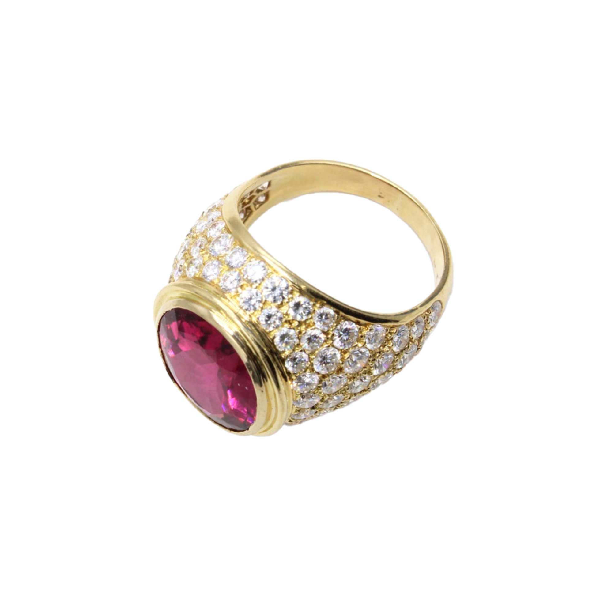 1980s 18KT Yellow Gold Rubellite Tourmaline & Diamond Ring top