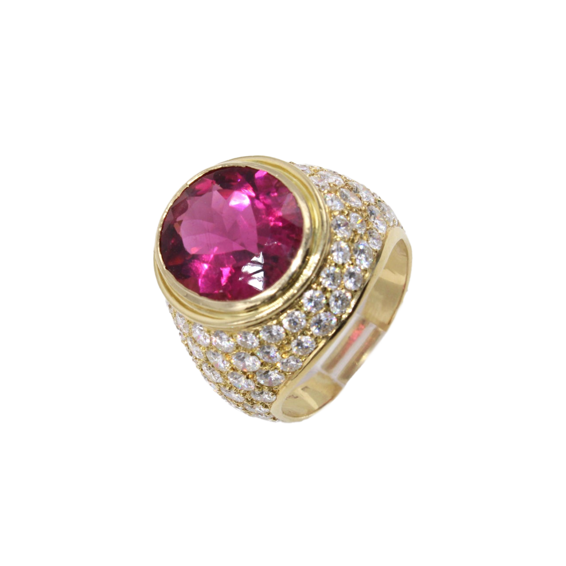 1980s 18KT Yellow Gold Rubellite Tourmaline & Diamond Ring top 