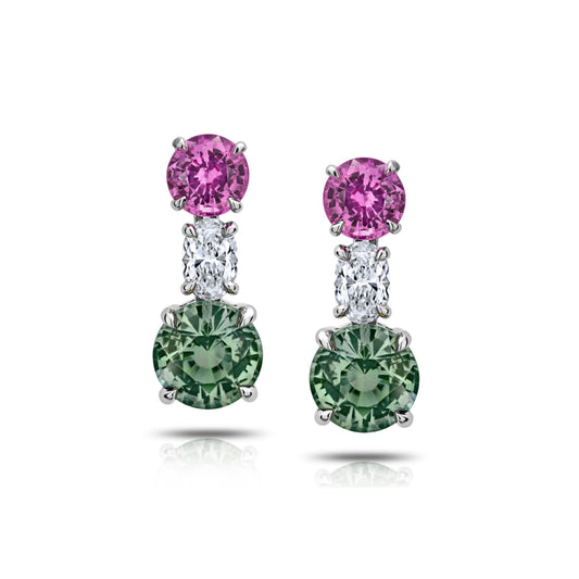 Contemporary Platinum Sapphire & Diamond Earrings front
