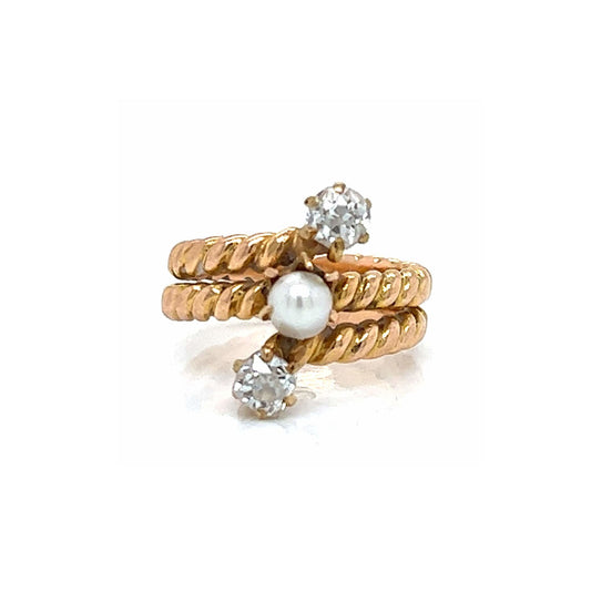 Victorian 18KT Yellow Gold Natural Pearl & Diamond Ring front