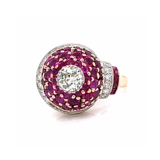 Retro 14KT Rose Gold & Platinum Ruby & Diamond Ring front