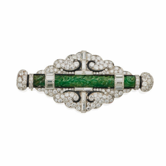 Cartier NY Art Deco Platinum Diamond, Enamel & Jade Brooch front