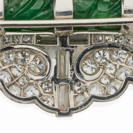 Cartier NY Art Deco Platinum Diamond, Enamel & Jade Brooch close-up details