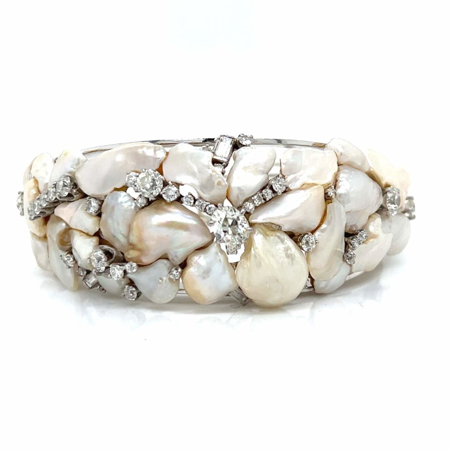 1960s 14KT White Gold Natural Pearl & Diamond Bracelet front