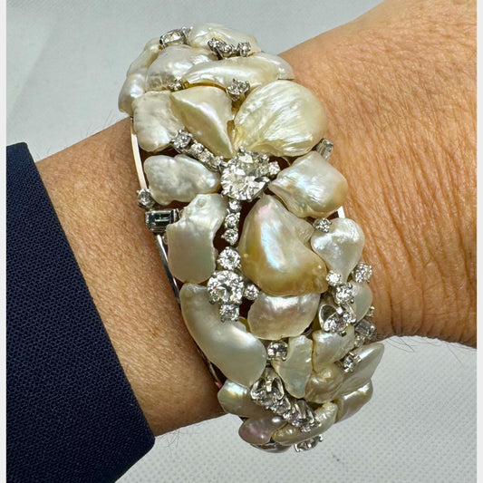 1960s 14KT White Gold Natural Pearl & Diamond Bracelet on wrist