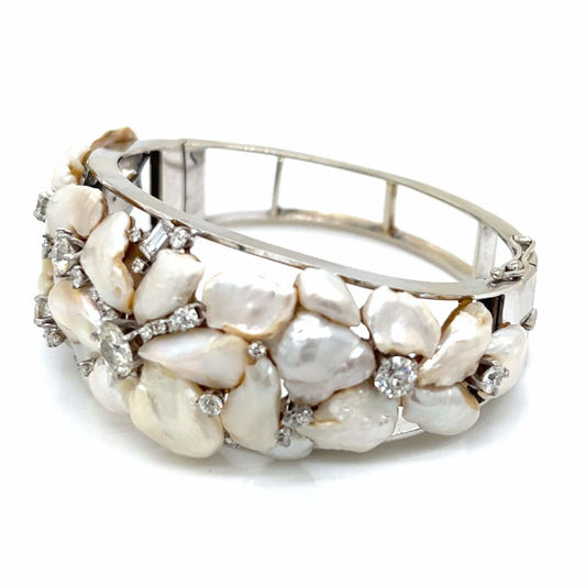 1960s 14KT White Gold Natural Pearl & Diamond Bracelet side