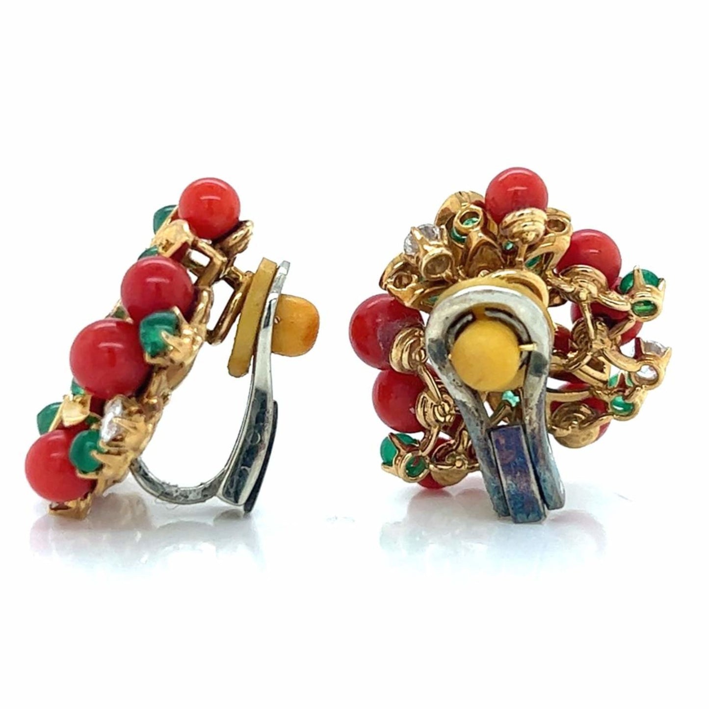 1980s 18KT Yellow Gold Coral, Diamond & Emerald Earrings side and back