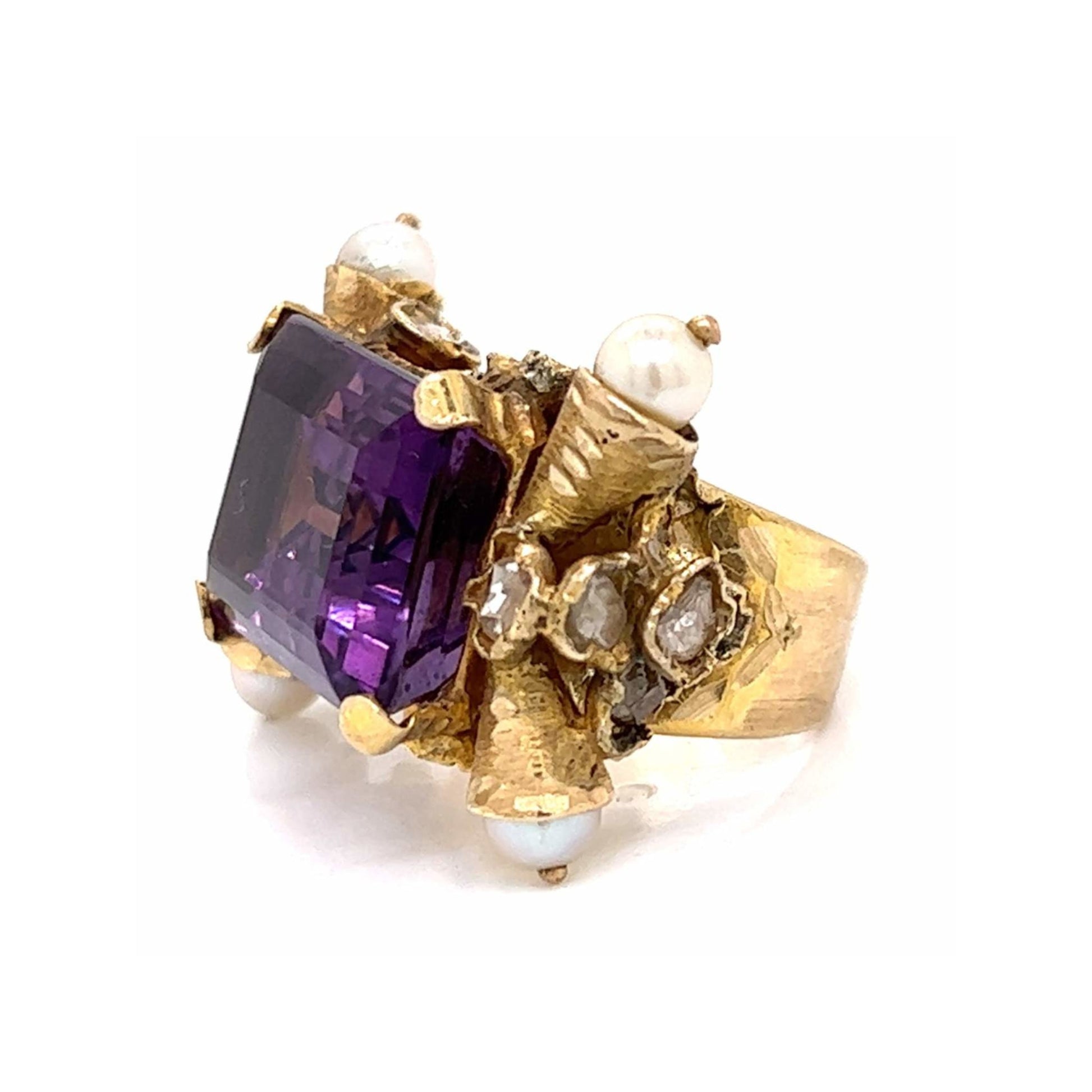 1980s 18KT Yellow Gold Amethyst, Diamond & Cultured Pearl Ring side