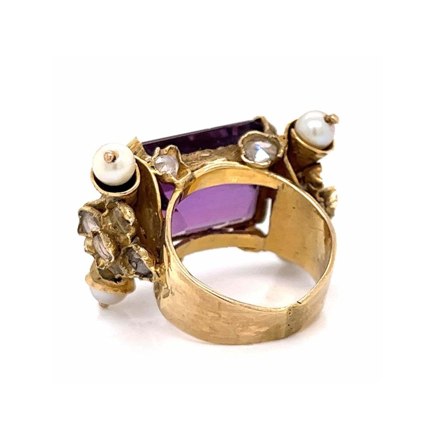 1980s 18KT Yellow Gold Amethyst, Diamond & Cultured Pearl Ring back