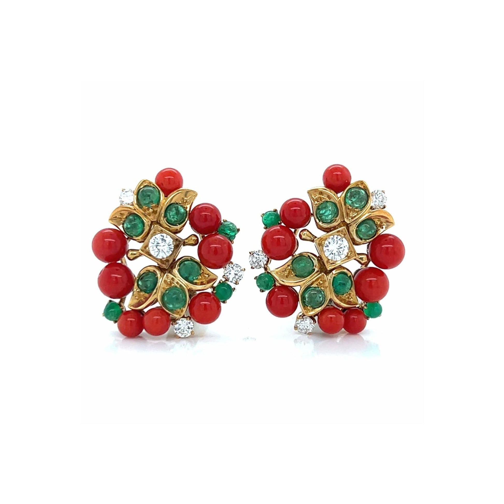 1980s 18KT Yellow Gold Coral, Diamond & Emerald Earrings front