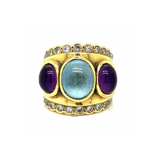 1970s 18KT Yellow Gold Amethyst, Diamond & Topaz Ring front