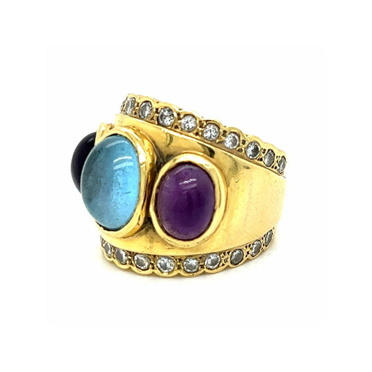 1970s 18KT Yellow Gold Amethyst, Diamond & Topaz Ring side