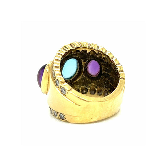 1970s 18KT Yellow Gold Amethyst, Diamond & Topaz Ring back