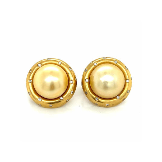 1980s 14KT Yellow Gold Cultured Pearl & Diamond Earrings front