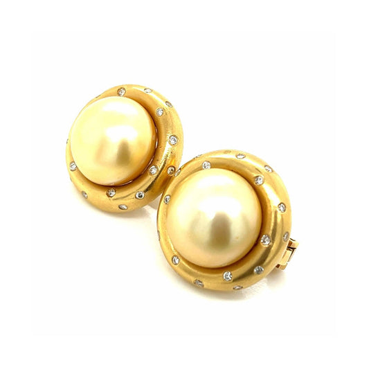 1980s 14KT Yellow Gold Cultured Pearl & Diamond Earrings front