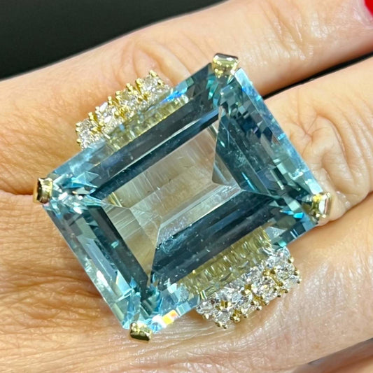 1980s 18KT Yellow Gold Aquamarine & Diamond Ring on finger