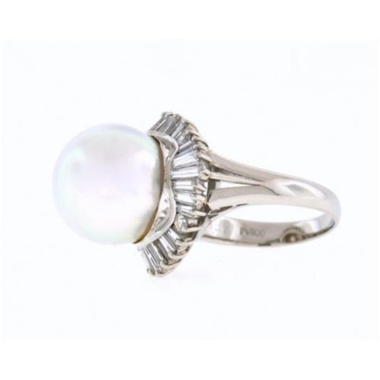 1980s Platinum Cultured Pearl & Diamond Ring side