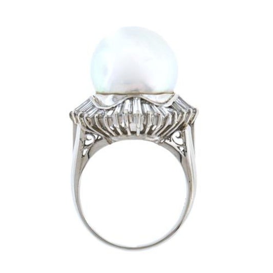 1980s Platinum Cultured Pearl & Diamond Ring profile