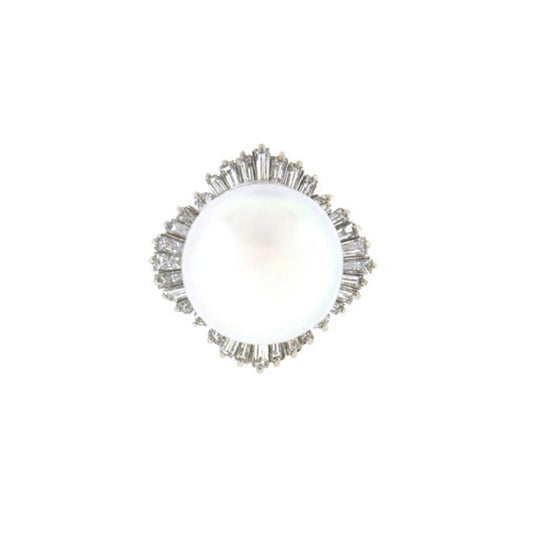 1980s Platinum Cultured Pearl & Diamond Ring front