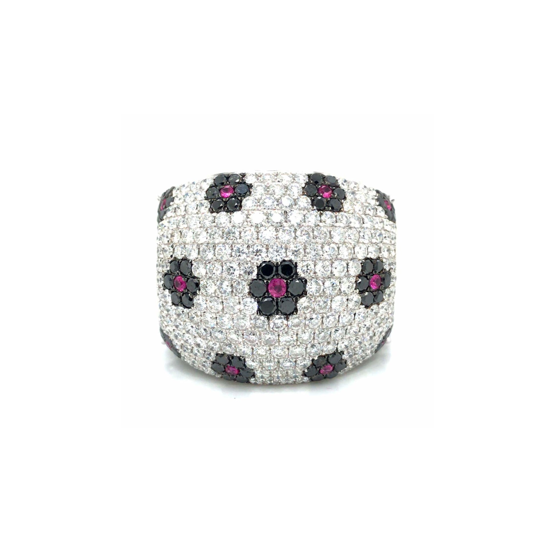 Post-1980s 18KT White Gold Diamond, Black Diamond, Enamel & Sapphire Ring front