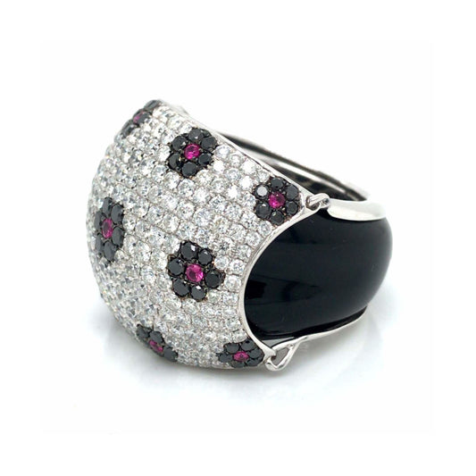 Post-1980s 18KT White Gold Diamond, Black Diamond, Enamel & Sapphire Ring side