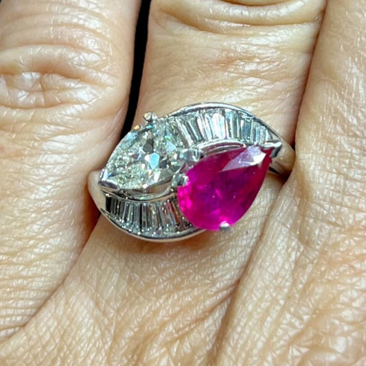 Post-1980s Platinum Ruby & Diamond Ring on finger