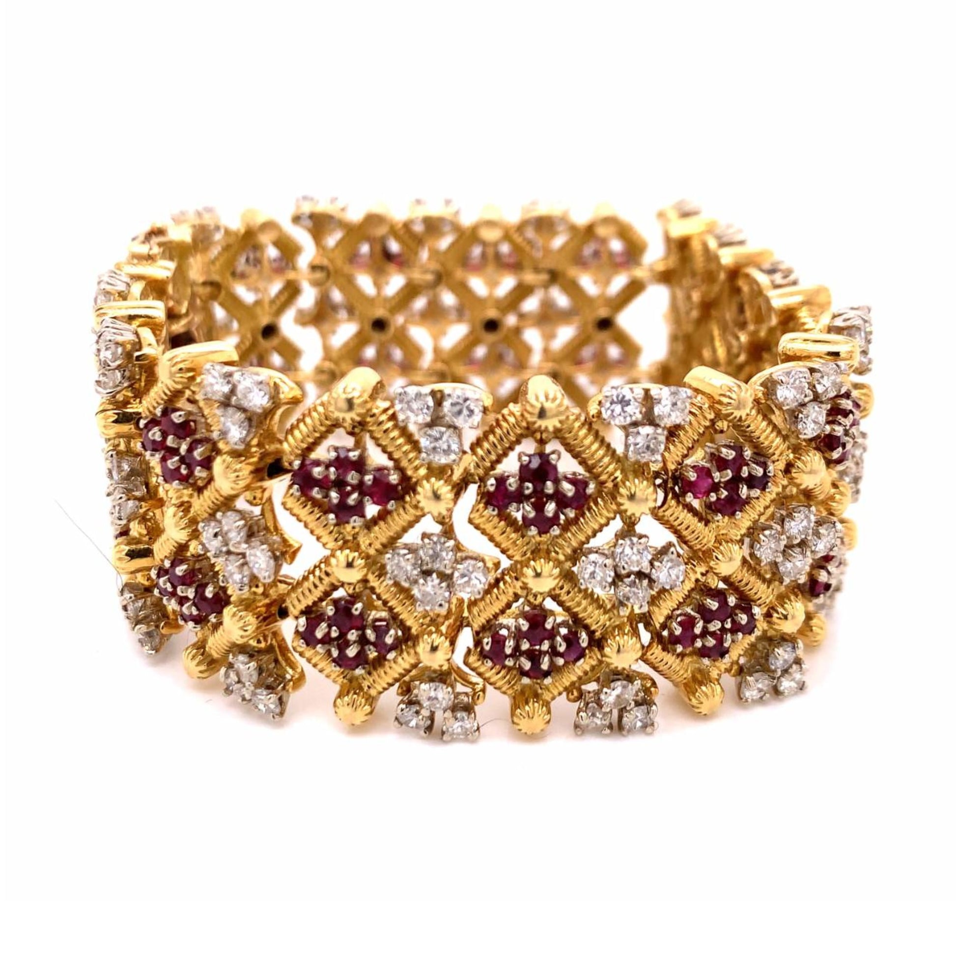 1980s 18KT Yellow Gold Diamond & Ruby Bracelet front