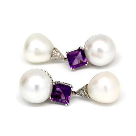 1980s Platinum & 18KT Yellow Gold Cultured Pearl, Amethyst & Diamond Earrings front