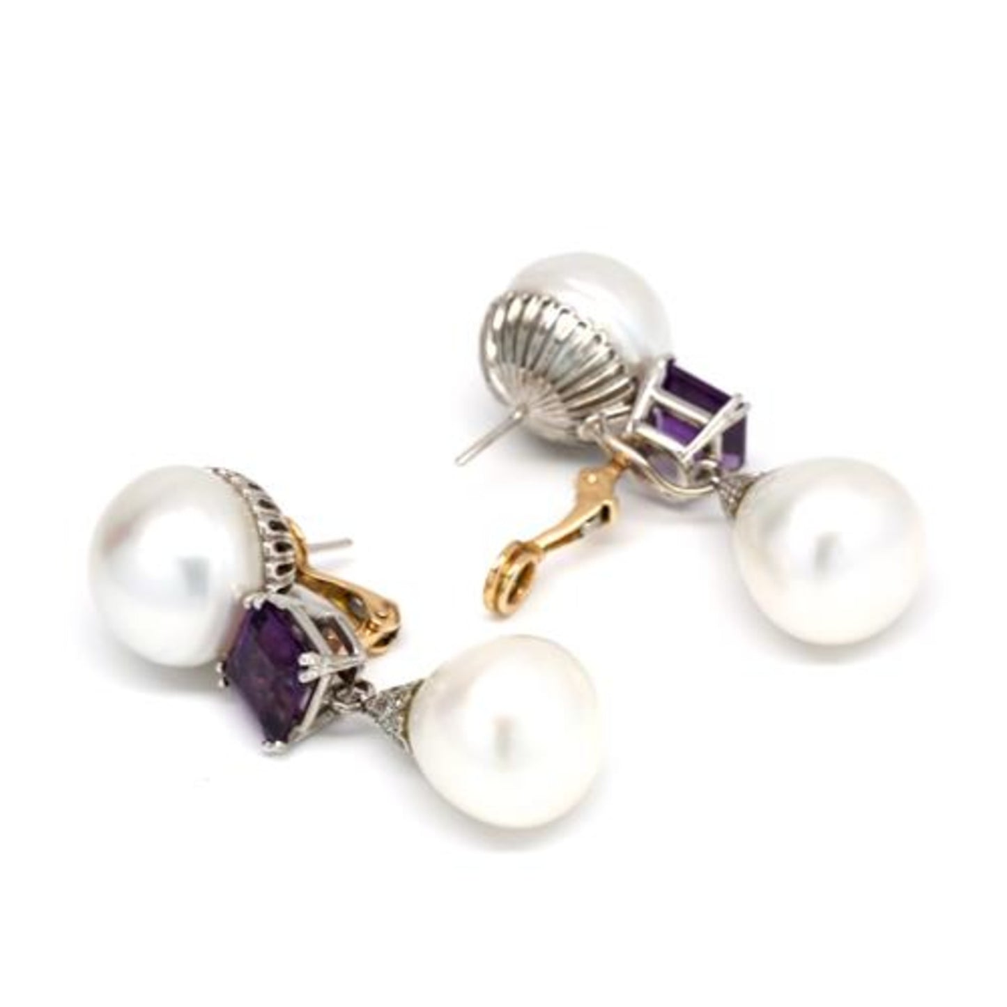 1980s Platinum & 18KT Yellow Gold Cultured Pearl, Amethyst & Diamond Earrings back and side