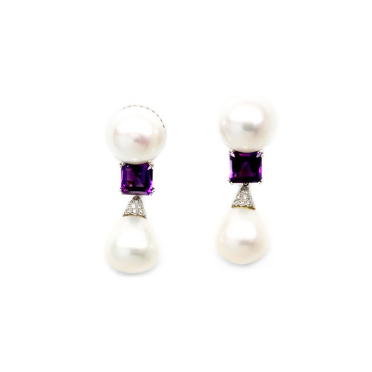 1980s Platinum & 18KT Yellow Gold Cultured Pearl, Amethyst & Diamond Earrings front