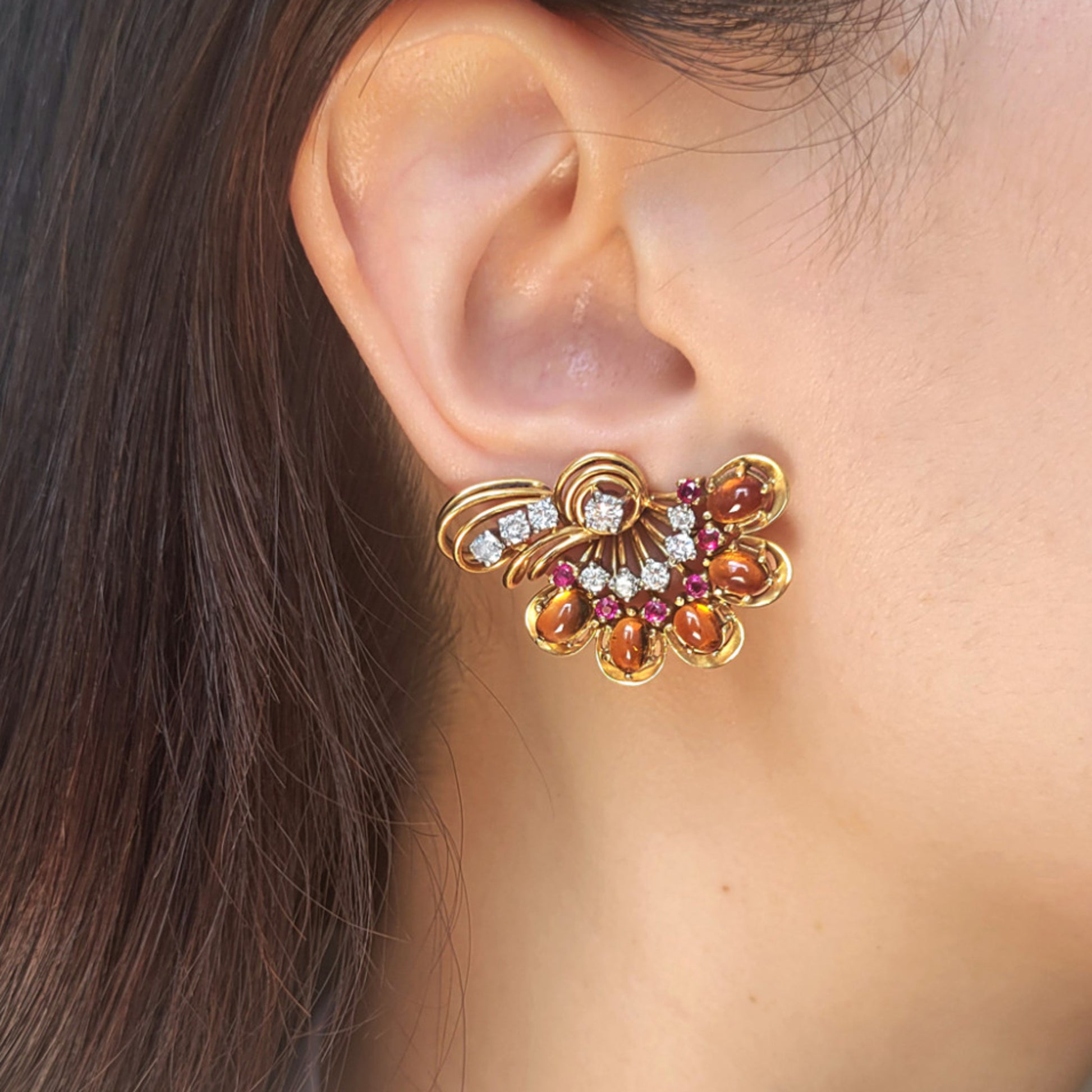 1950s Platinum & 18KT Yellow Gold Citrine, Diamond & Ruby Earrings on ear