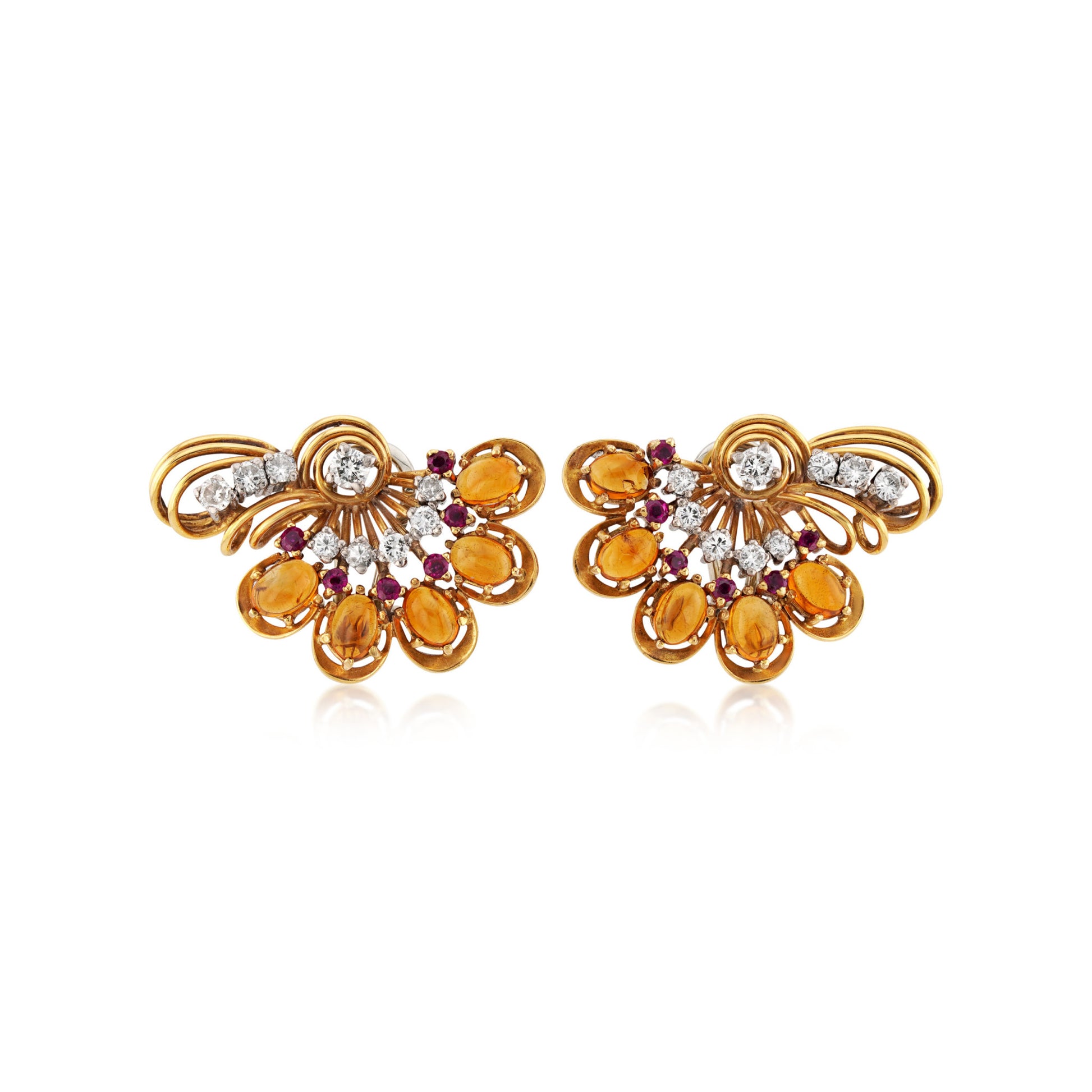 1950s Platinum & 18KT Yellow Gold Citrine, Diamond & Ruby Earrings front